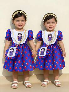 1件女婴荷叶边袖印花连衣裙，配同款包包，卡通中东女孩印花蓝色长袍，女婴连衣裙，小女孩皇家蓝套装 - 藍色 - 查看 6