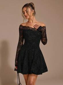 SHEIN BAE 黑色蕾丝露肩修身迷你连衣裙，优雅性感女士长袖蕾丝连衣裙，黑色蕾丝连衣裙，优雅小黑裙 - 黑色 - 查看 4