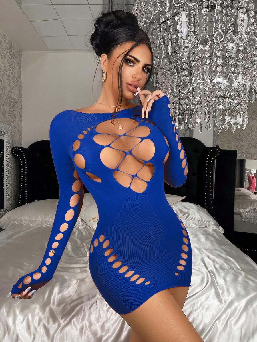 ChaseTheNight 一件女士性感洋红色紧身半透明渔网连衣裙，适合派对、夜店、海滩等场合。 - 寶藍色 - 查看 1