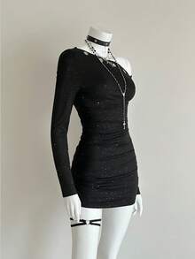 EgrlEra Vestido mini asimétrico con ojales de metal de moda para fiesta - Negro - Ver 6