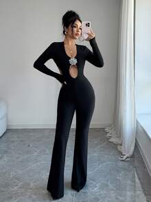 Rafferiza Sexy Fashion Long Sleeve Cropped Metallic Decor Jumpsuit, Suitable For Autumn/Winter Party - Black - View 5