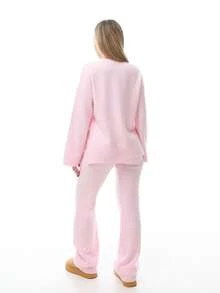 Katetique Women's Casual Solid Color Knitted Sweater And Pants 2 Pieces Set, Autumn/Winter - Baby Pink - View 2