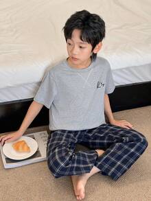 SHEIN 2pcs Tween Boy Casual Letter Embroidered Round Neck Short Sleeve T-Shirt And Plaid Pattern Loose Fit Pajama Pants Set - Grey - View 6