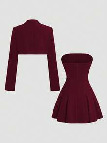 Sweetra 女士纯色法式复古英伦风无肩带褶皱连衣裙及休闲修身西装外套套装，初秋 - 酒紅色 - 查看 2