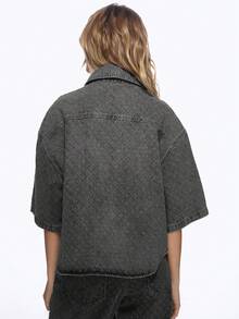 MISSGUIDED Oversized Nibbled Denim Button Up Shirt Collared Long Sleeve Distressed Vintage Washed Jean Jacket Top With Chest Pockets - Dark Grey - View 2