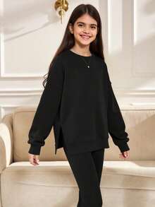 1 Set Tween-Mädchen Drop-Shoulder lässiges, locker geschnittenes Hoodie und enge Leggings Outfit, Schwarz/Dunkelfarben, stilvolle Herbst/Winter Kleidung - Schwarz - Übersicht 5