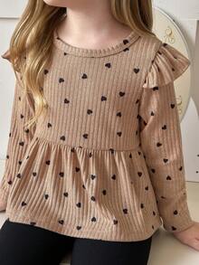 Elladie kids 2pcs/Set Young Girl Heart Print Long Sleeve Top With Ruffle Trim And Leggings, Spring Autumn - Khaki - View 6