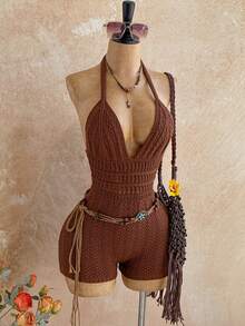 Soleia Macacão Feminino de Tricô Degradê com Decote em V Profundo e Costas Abertas, Sexy e Fashion, Adequado para Festa, Encontro, Chá da Tarde, Férias Boho, Praia - Café - Visão 8