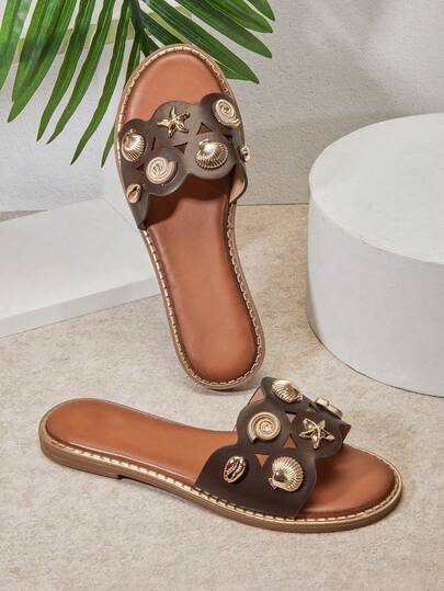 SHUZIA Women's Round Toe Gold Seashell & Starfish Decor&Studded Trim Vegan Leather Chocolate Flat Slide Sandals–Vacation-Ready, Elegant & Comfortable.