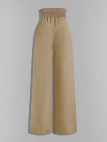 Sweetra 大码女式高腰三粒扣前褶阔腿裤 - 卡其色 - 查看 2