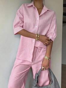 SHEIN EZwear 女士条纹衬衫长裤套装，休闲度假装，春夏款 - 粉色 - 查看 5