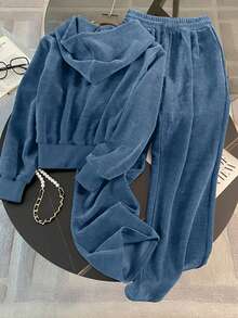 Resyla 2pcs Embroidered Commuter Style Hooded Zip-Up Sweatshirt Set, Gift For Friends - Dusty Blue - View 2