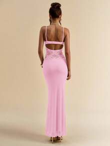 SHEIN BAE Váy ren chắp vá xếp nếp mỏng manh dành cho nữ mùa hè, dây mảnh cho tiệc tùng và ngày lễ - Màu Hồng baby - Xem 2