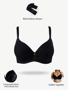 DesireSculpt 1件装加大码蕾丝拼接无钢圈薄罩杯光滑舒适简约支撑全罩杯文胸 - 黑色 - 查看 3