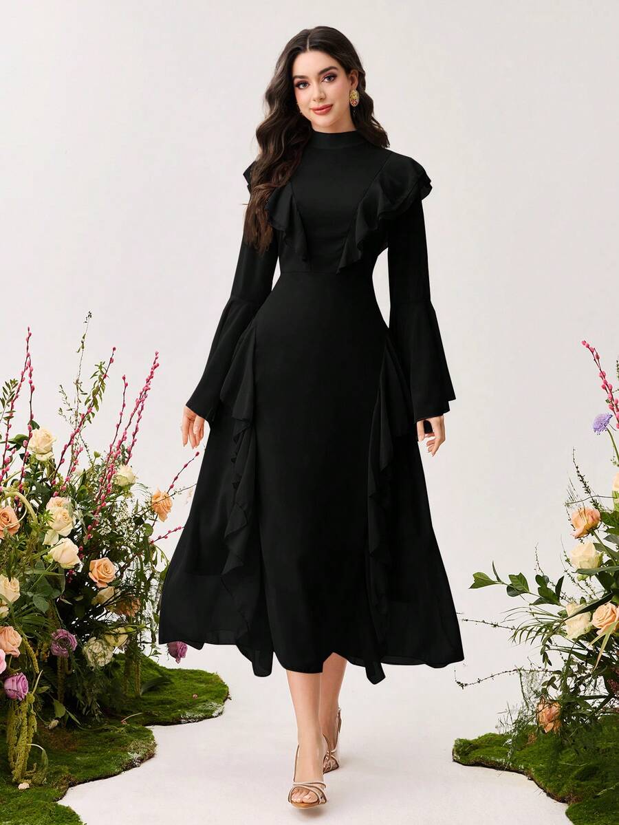 Modelyn Ruffle Flare Sleeve Long Fitted Dress For Women - Black - View 1