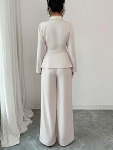 Elenzga petite 女士橄榄绿色厚面料 V 领翻领腰部扣设计西装外套和阔腿裤套装，宽松版型，职业装，适合感恩节、万圣节，优雅时尚秋季新款两件套 - 杏色 - 查看 2