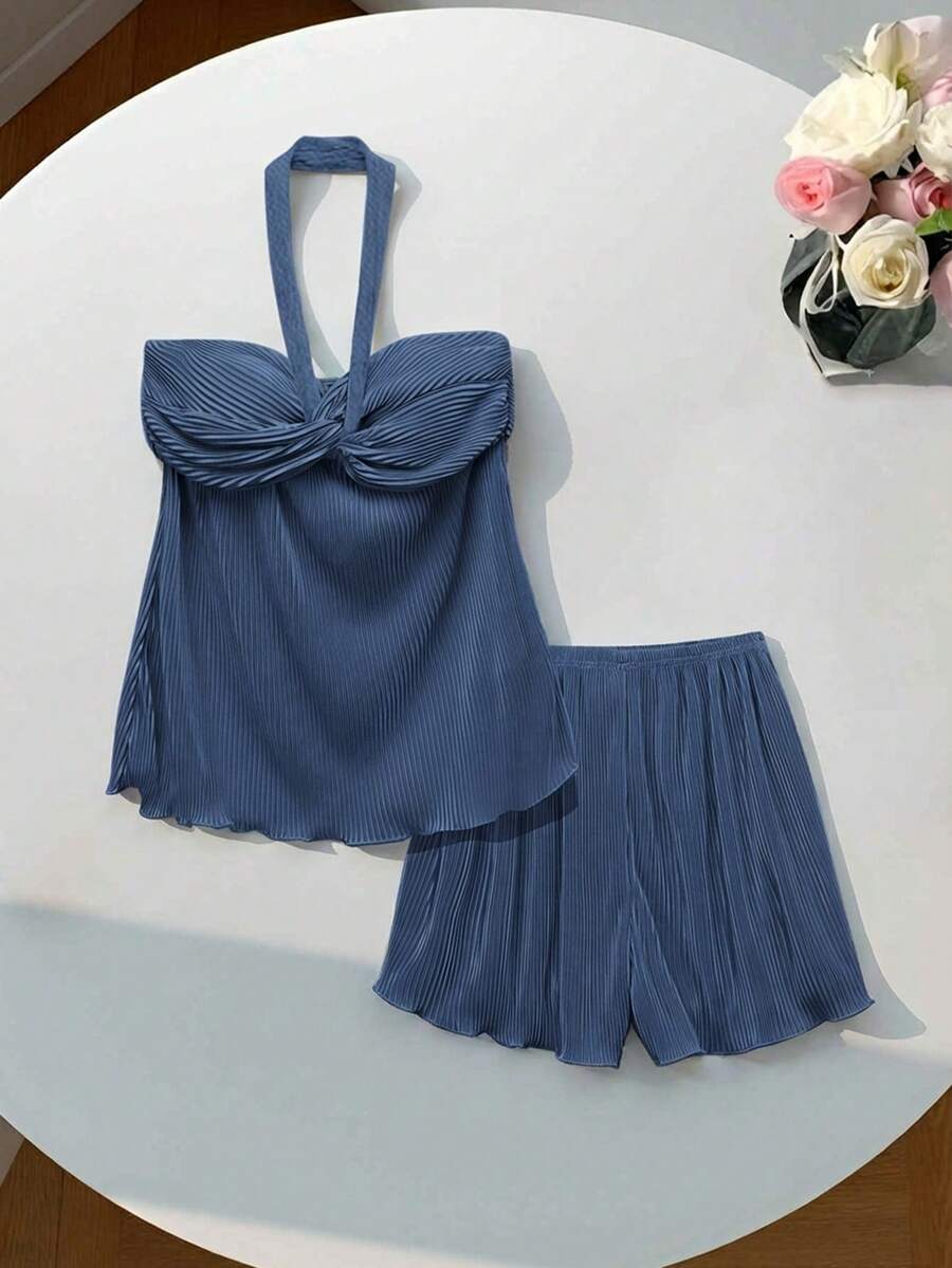 Comfortcana Solid Color Pleated Neck Halter Top & Shorts Set For Summer - Blue - View 1