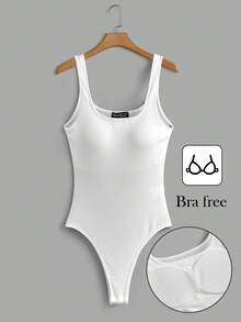 SHEIN Comfortcana Bộ đồ liền thân đơn giản màu trơn có đệm ngực cho nữ, mùa hè - trắng - Xem 6