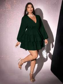 Viva Relle Plus Size Solid Color V-Neck Ruffle Hem Elegant Long Sleeve Dress,Valentine - Dark Green - View 5