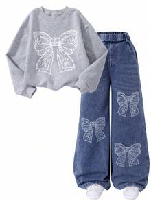 Sparklyn 2pcs/Set Tween GirlsCasual Loose Butterfly Print Sweatshirt & Pink Washed Loose Butterfly Embroidered Straight Leg Jeans