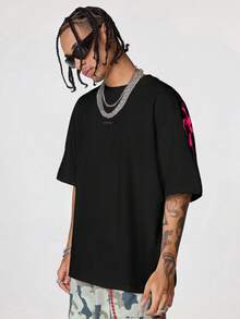 AXEPEAK Men's Loose Fit Round Neck Short Sleeve T-Shirt With English Graphic, Suitable For Summer, Streetwear Fashion, Emo, 2000s Style - Black - View 3