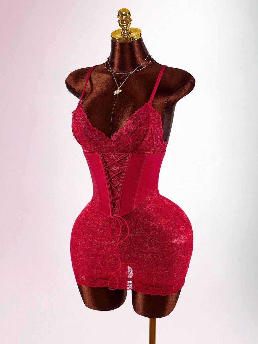 Amplova Y2K Women's Contrast Lace Camisole Top And Bodycon Mini Skirt Sexy 2 Pieces Set Lace Triangle Cup Semi-Transparent Tight Mini Sexy Sleeveless Camisole Waist-Cinching Two-Piece Set Summer Outfit For Women Spring Women Beach Outfit Vacation Outfits Women Casual Outfit For Women Party Outfit - Red - View 1