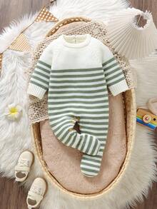 SHEIN 新生儿条纹圆领长袖连体衣一件，休闲简约设计 - 綠色 - 查看 5