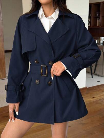 SHEIN EZwear 女士纯色翻领双排扣长袖休闲长款风衣，秋季新品