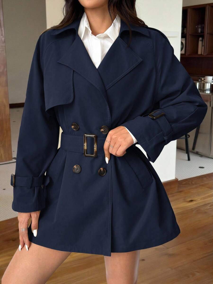 SHEIN EZwear 女士纯色翻领双排扣长袖休闲长款风衣,秋季新品 - 藏蓝色 - 查看 1