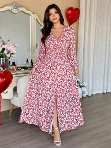 Vionelle Große Größen Damen Französischer Stil elegantes V-Ausschnitt Langarm Taille Raffung Blumen Valentinstag Kleid Kirschprint Kleid Maxi Blumenkleid V-Ausschnitt Maxi Kleid Langarm Blumenkleid Blumenkleid Damen Damen Blumenkleid Sommer Langes Kleid Blumen Wickelkleid - Verschiedenfarbig - Übersicht 8