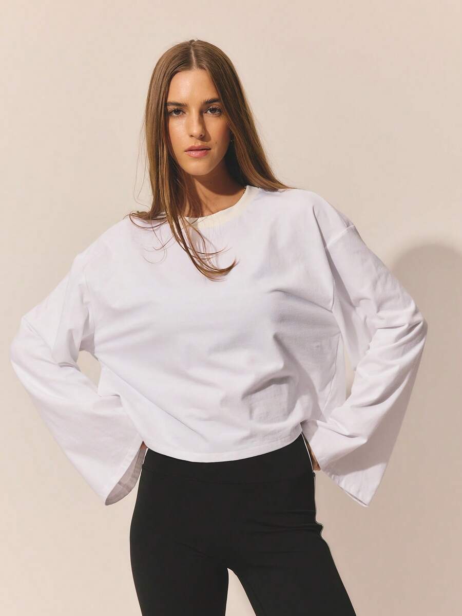 Aralina Soft Cotton Jersey Long Sleeve Relaxed Fit Cropped Silhouette Minimal Design Spring Clothes Cute Summer Tops Women Top - White - View 1