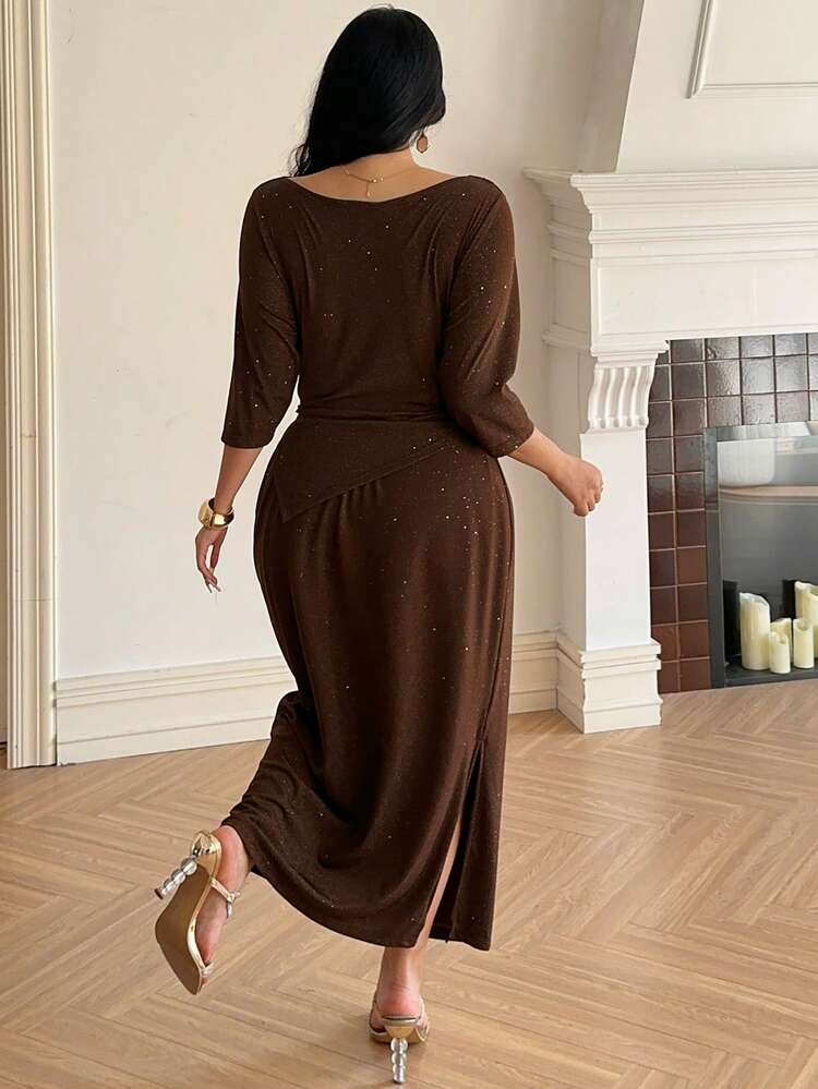 Dazy Plus Valentine Elegant 2 Pieces Set: Long Sleeve Mesh & Sequin Patchwork Top With Asymmetric Hem And Wrap Skirt, Suitable For Formal Events