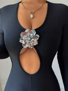 Rafferiza Sexy Fashion Long Sleeve Cropped Metallic Decor Jumpsuit, Suitable For Autumn/Winter Party - Black - View 3