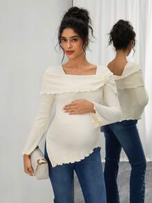 Momance 孕妇喇叭袖圆领披肩领双层手工花朵下摆不对称修身T恤 - 米色 - 查看 5