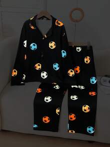 Tween Boys Pajamas-2 Pieces Pajama Set Soccer Ball Print Black Pajama Set For Boys Long Sleeve Notch Collar Button Front Long Pants Four Seasons Nightwear Holiday 2026 Must Have Festive Gift Comfortable Cozy Lounge This Product Requires UV Light Exposure To Glow - Black - View 3