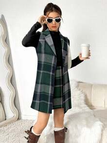 3pcs Set: Plaid Vest, Mini Skirt & Fitted Top For Teenage Girls, Sleek Lines Suitable For Daily And Commute Wear, Layerable Design For Autumn/Winter - Green - View 3