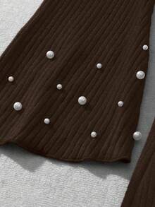 GlowEve 女士喇叭袖珍珠装饰修身优雅日常通勤时尚法式街头复古百搭圣诞派对新年假日商务红色长袖连衣裙，秋冬款 - 咖啡棕 - 查看 6