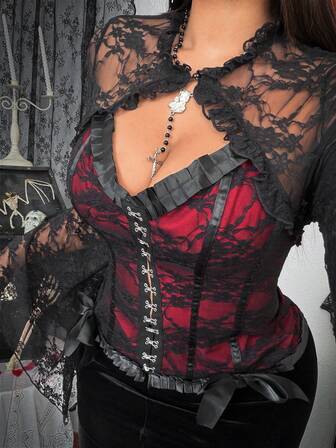 Whyspr 加大码深色系情人节风格红色蕾丝拼接衬衫