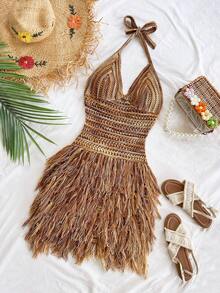 Soleia Women's Vintage Maillard Color Tassel Hem V-Neck Halter Mini Dress, Suitable For Cruise, Holiday, Date, Afternoon Tea, Party, Nightclub, Beach, Island Resort, Road Trip, Hippie, Music Festival, Wedding Season, Boho Vacation Beach Dress, Can Be Worn Inside Or Outside, Suitable For All Seasons Crochet Sets For Women Crochet Skirt Set Earthy Clothes Women Bohemian Brown Two Piece Set Women Western Goddess Outfit Sexy Vacation Dress Fringe Dress Tassel Dress Havana Nights Outfit - Multicolor - View 3