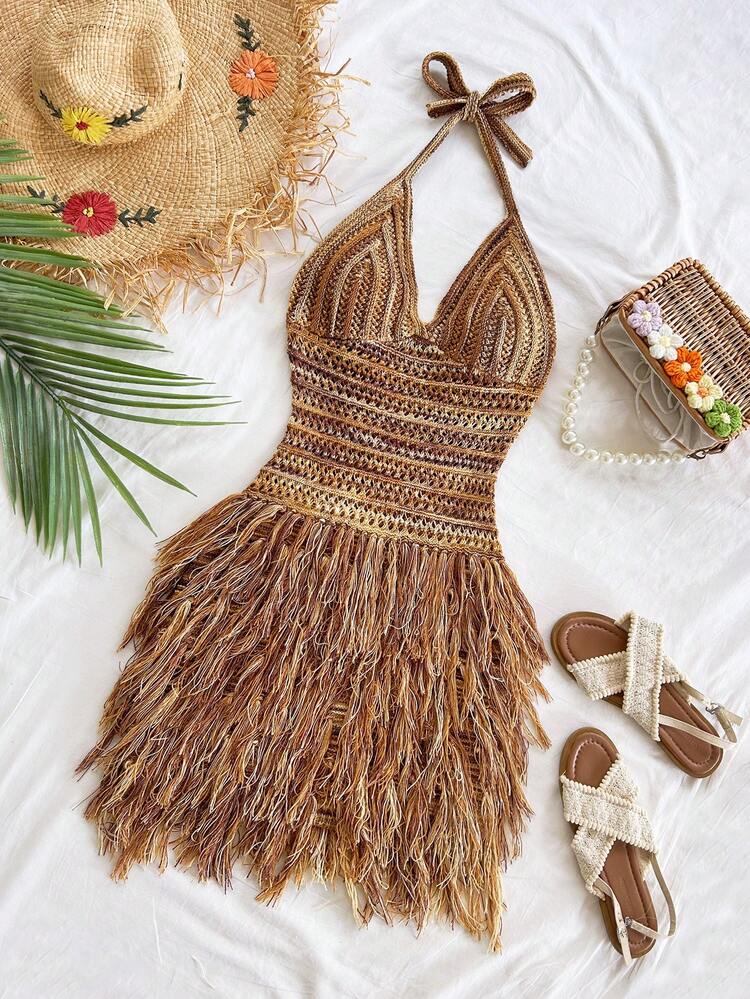 Vestido Curto Vintage Soleia com Decote em V, Alça Halter e Bainha com Franjas, Cor Maillard, Adequado para Cruzeiro, Férias, Encontro, Chá da Tarde, Festa, Balada, Praia, Resort de Ilha, Viagem de Carro, Hippie, Festival de Música, Temporada de Casamento, Vestido de Praia Boho para Férias, Pode Ser Usado por Dentro ou por Fora, Adequado para Todas as Estações - Multicolorido - Visão 3
