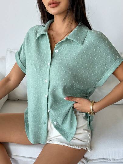 SHEIN LUNE Women's Cutout Shoulder Drawstring Loose Turndown Collar Short Sleeve Blouse