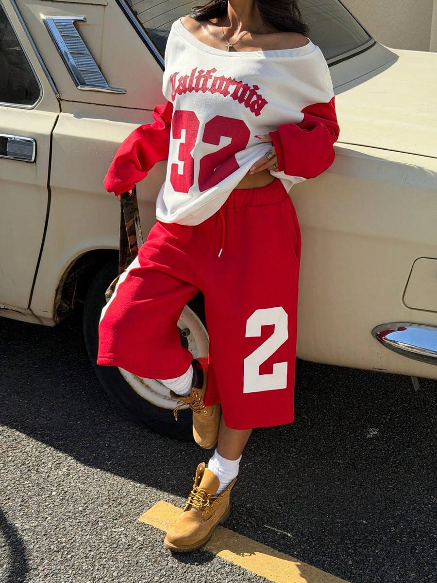 Muchica Bộ 2 áo nỉ nữ in chữ, lót giữ nhiệt, phối màu, vai chéo, thích hợp cho đi chơi, phong cách đường phố, thu đông, áo thun nữ phong cách Y2K - Đỏ và trắng - Xem 1