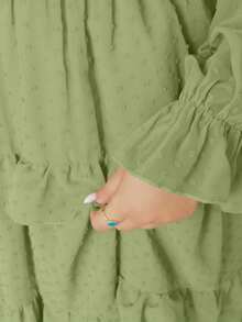 Lyrianda 新款优雅雪纺纹理波点蝴蝶结装饰胸罩杯长袖A字连衣裙，收腰显瘦荷叶边连衣裙 - 橄欖綠 - 查看 7