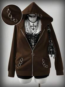 Sunspun Plus Size Women Hooded Eyelet & Ring Decor Punk Style Long Sleeve Sweatshirt - Brown - View 1