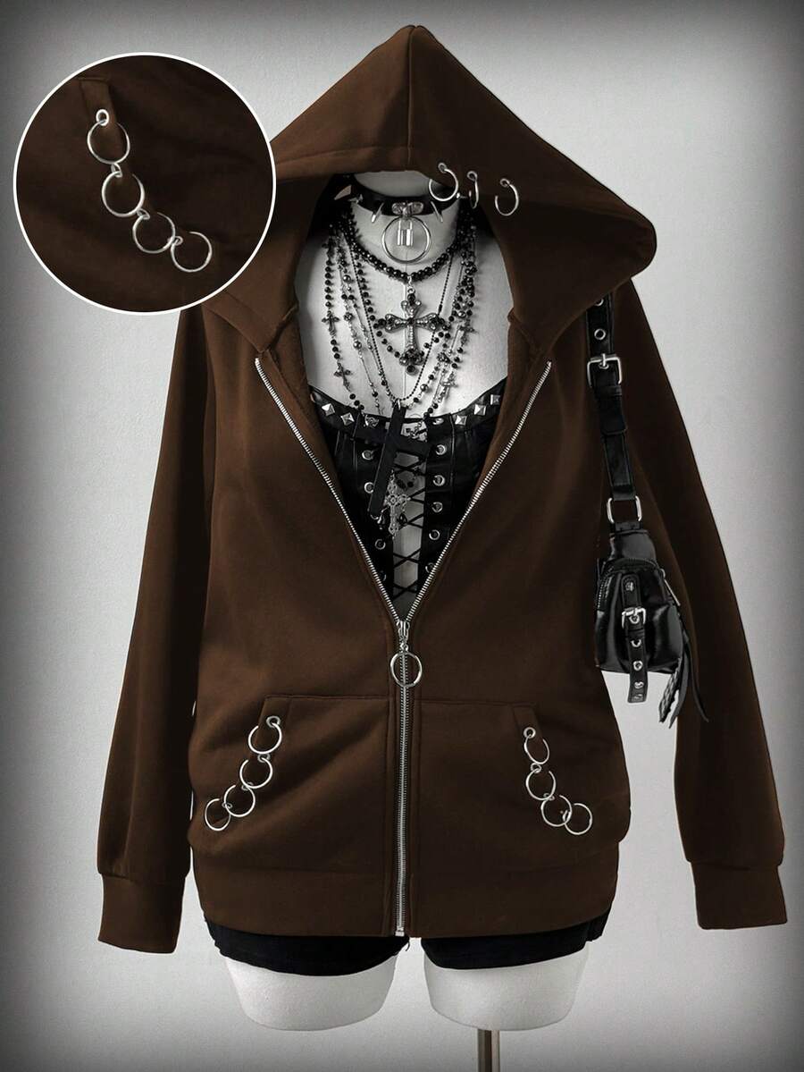 Sunspun Plus Size Women Hooded Eyelet & Ring Decor Punk Style Long Sleeve Sweatshirt - Brown - View 1
