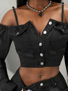 Slaydiva Women's Single-Breasted Distressed Long Sleeve Cropped Denim Jacket, Fashionable Versatile Vacation Party Off-Shoulder