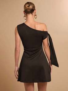 SHEIN BAE 女士不对称肩部系带腰部黑色修身优雅A字褶边半身裙