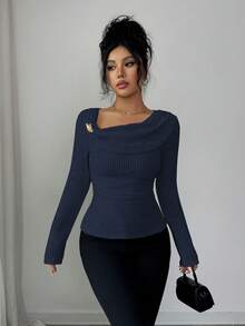 Elenzga 新款女士斜肩罗纹针织金属装饰环长袖优雅青春修身T恤 - 寶藍色 - 查看 4