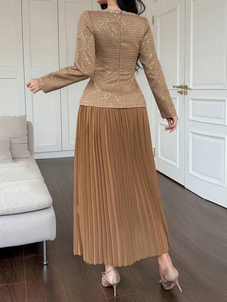 Women's Elegant Contrast Color Patchwork Pleated Faux Pocket Midi Dress, Autumn