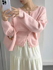 DAZY Women's Fitted Waist Long Sleeve Casual Crew Neck Cardigan Sweater, Pink Spring - Pink - View 2